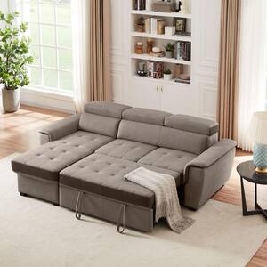 96.46 in. W Square Arm Beige L Shaped Polyester Queen Size Sofa Bed with Storage