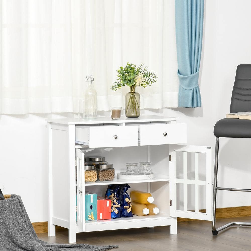 Modern White Sideboard Buffet with Glass Doors and Drawers
