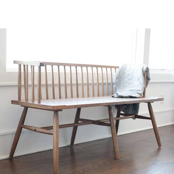 East At Main Aria Walnut Brown Wood Dining Bench Modern Spindle Back 53 in. Wide