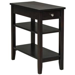 23.5 in. Brown 24.5 in. Rectangular Wood 3-Tier Side End Table with Drawer Double Shelf Narrow Nightstand Espresso