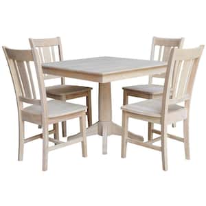 5 PC Set - Unfinished Solid Wood 36 in. Square Pedestal Table with 4 Side Dining Chairs