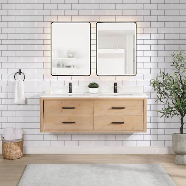ROSWELL Cristo 60 in. W x 22 in. D x 20.6 in. H Double Sink Bath Vanity in Fir Wood Brown with White Quartz Stone Top