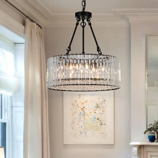 LLHZSY 19.69 in. 5-Light Modern Black Drum Pendant Round Chandelier with Crystal Accents