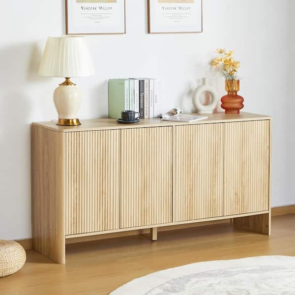 ATHMILE Natural Wooden 57.87 in. W Freestanding 4-Door Waveform sideboard Buffet Storage Cabinet with adjustable shelves