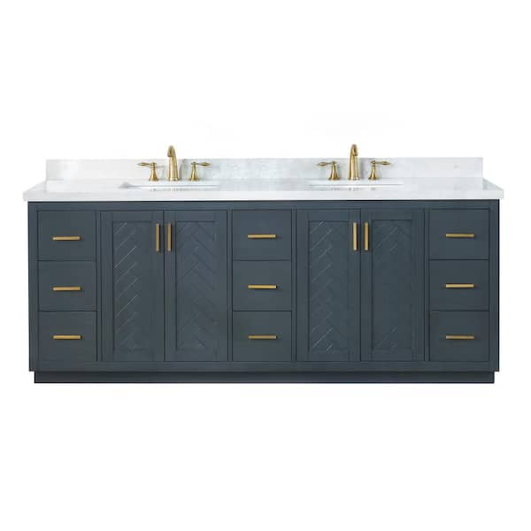 Gazsi 84 in. W x 22 in. D x 34 in. H Bath Vanity in Charcoal Blue with Grain White Composite Stone Top