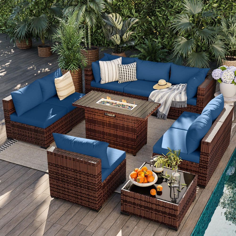 Brown 10-Piece Wicker Sofa Set, Outdoor Seating Group with Blue Cushions & Firepit price history on PriceWatchPro