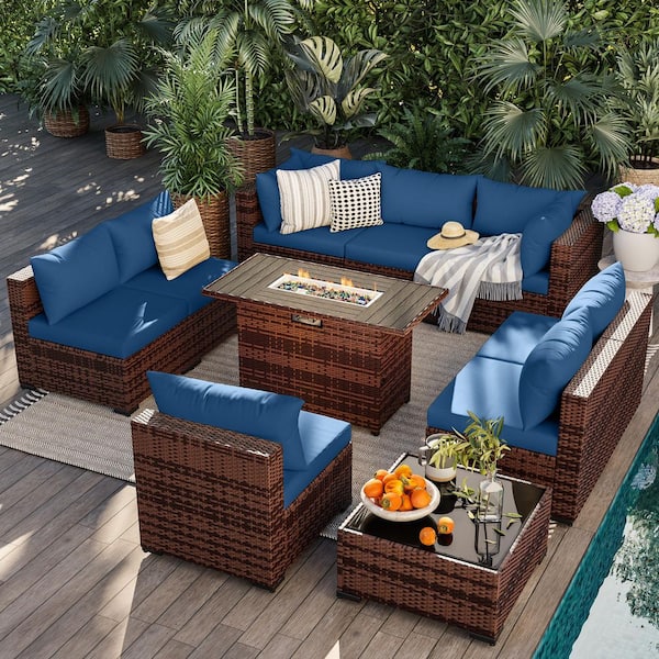 Brown 10-Piece Wicker Sofa Set, Outdoor Seating Group with Blue Cushions & Firepit