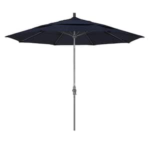 11 ft. Hammertone Grey Aluminum Market Patio Umbrella with Collar Tilt Crank Lift in Navy Olefin