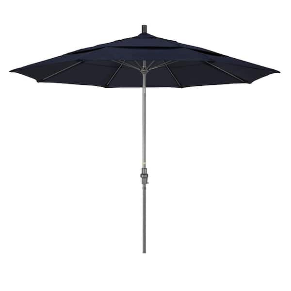 California Umbrella 11 ft. Hammertone Grey Aluminum Market Patio Umbrella with Collar Tilt Crank Lift in Navy Olefin
