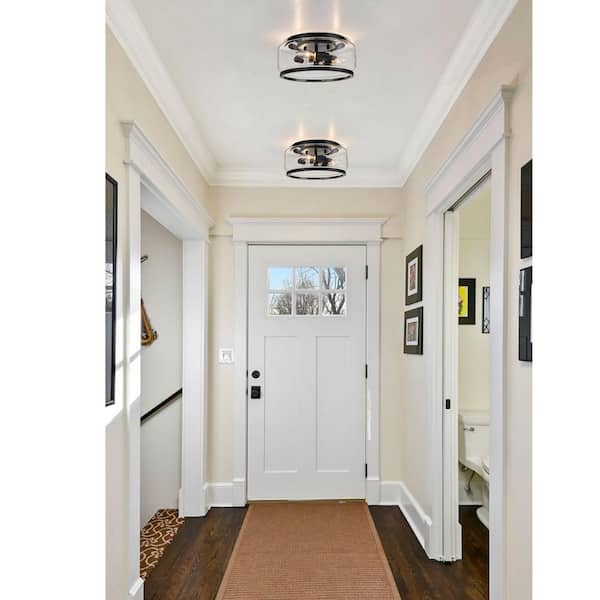 11.8 in. 3-Light Drum Matte Black Flush Mount with Glass Shade for Kitchen Foyer Living Room