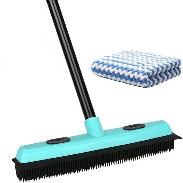 15 in. Rubber Brush Carpet Rake with 59 in. Telescoping Long Handle and Squeegee for Carpet, Hardwood Floor, Tile, Blue