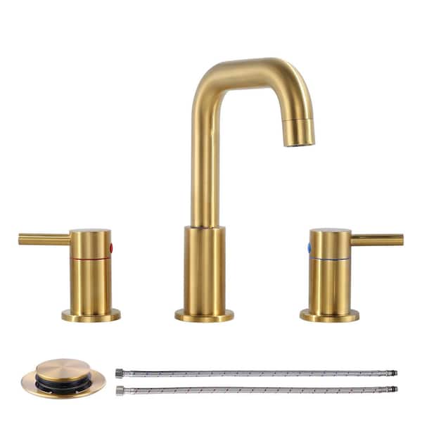 8 in. Widespread Double Handle Bathroom Basin Faucet with Drain Kit in Brushed Gold