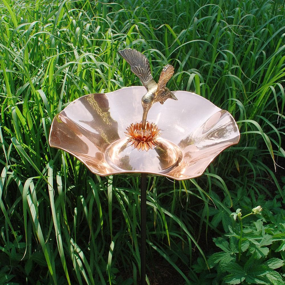Copper Hummingbird Birdbath with Wrought Iron Stake