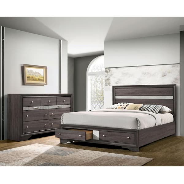Ekon 2-Piece Gray Queen Wood Bedroom Set, Bed and Dresser