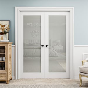 60 in. x 80 in. Universal Handed 1-Lite Frosted Glass White Solid Core MDF French Door with Quick Assemble Jamb