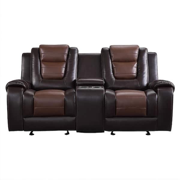 Danio 76 in. W 2-tone Brown Faux Leather Double Glider Manual Reclining Loveseat with Center Console