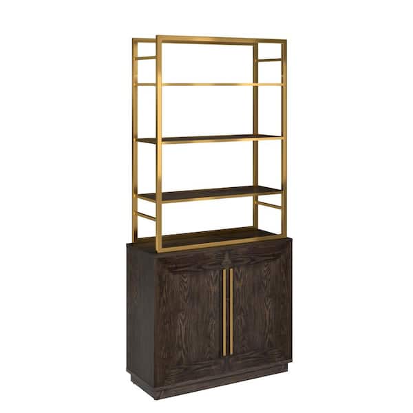 Clihome 79 in. Tall Metal Golden 3-Shelves Bookcase Freestanding Bookshelf with 2-Doors Storage Cabinet