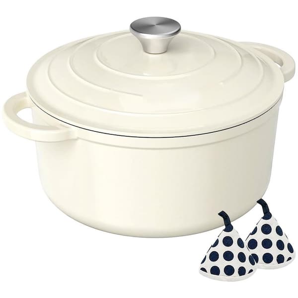 5 qt. Round Enameled Cast Iron Dutch Oven in Cream White with Lid and Cotton Potholders for Braising and Baking