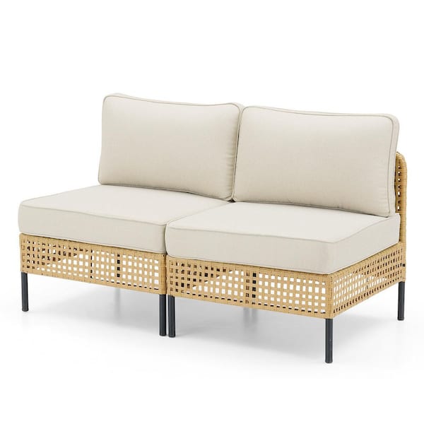 2-Piece Yellow Wicker Patio Conversation Set Outdoor Lounge Chairs, Sectional Sofa with Beige Cushions