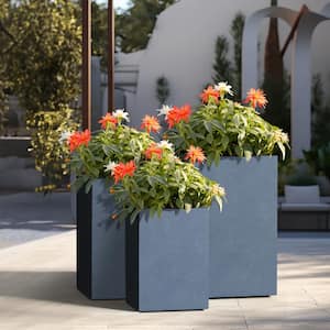 Modern 13 in. 16 in. 19in. High Large Tall Elongated Square Granite Gray Outdoor Cement Planter Plant Pots (Set of 3)