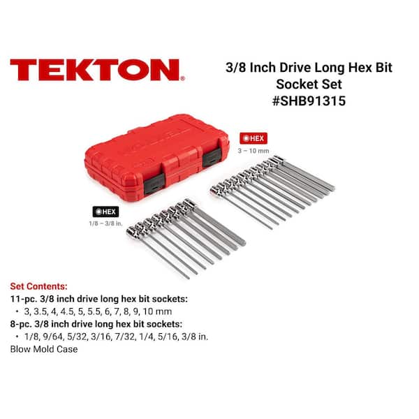 3/8 in. Drive Long Hex Bit Socket Set, (1/8-3/8 in., 3 mm to 10 mm) (19-Piece)