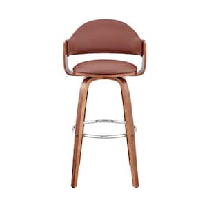26 in. Rich Brown Faux Leather Walnut Wood Bar Stool