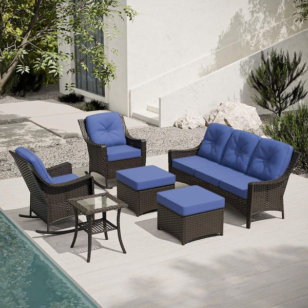 COOS BAY Brown 6-Piece Wicker Patio Conversation Set with Rocking Chairs, Outdoor Sofa Seating Set with Olefin Blue Cushions