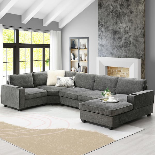 Finbar 119 in. Square Arm Chenille U Shaped Sectional Sofa in Gray with Cup Holders