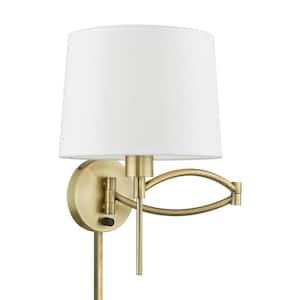 Atwood 1-Light Antique Brass Plug-In/Hardwired Swing Arm Wall Lamp with Off-White Fabric Shade