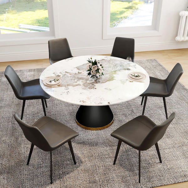 59 in. Pandora Sintered Stone Round Top Pedestal Black Metal Base Dining Table (Seats 8)