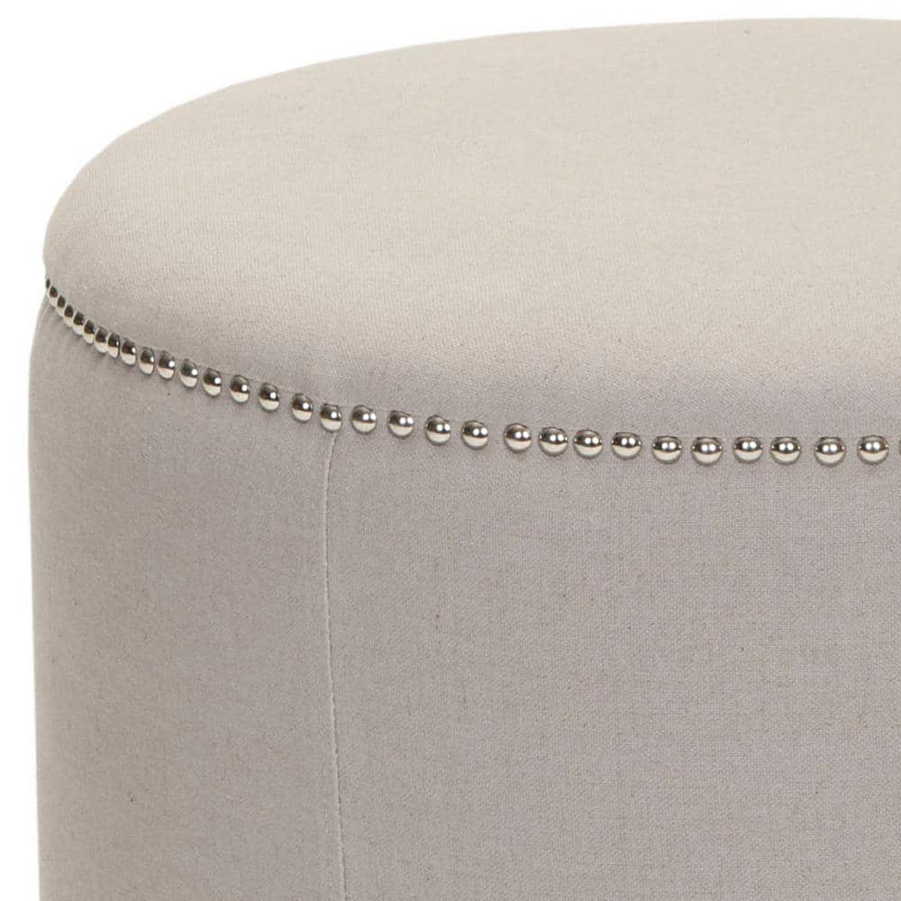 Transitional Round Beige Linen Ottoman with Nailhead Trim