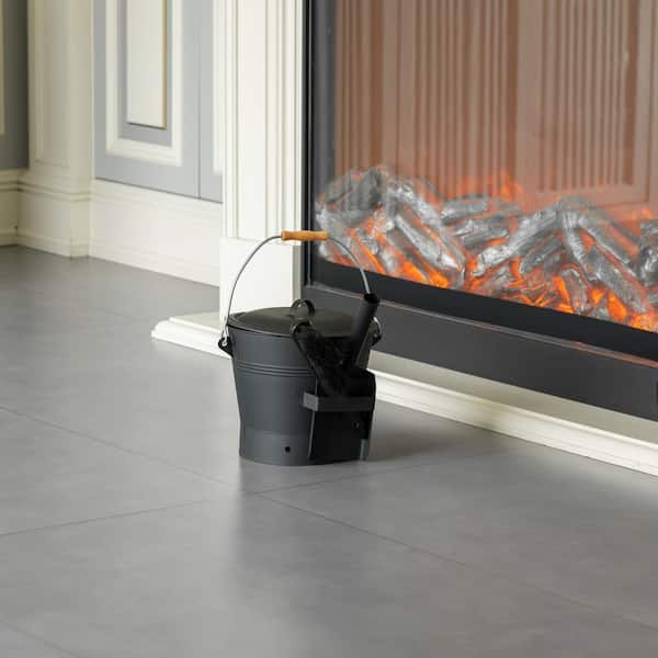 Gardenised Black Iron Ash Bucket with Lid and Wood Handle Brush