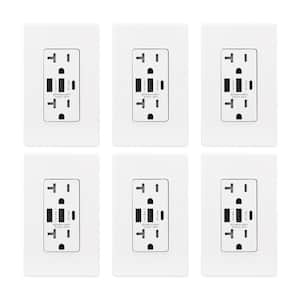 30-Watt 20 Amp 3-Port Type C and Dual Type A USB Duplex Wall Outlet, Wall Plate Included, White (6-Pack)