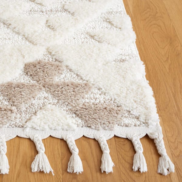 Moroccan Tassel Shag 2 ft. x 4 ft. Ivory/Beige High-Low Geometric Fringe Area Rug