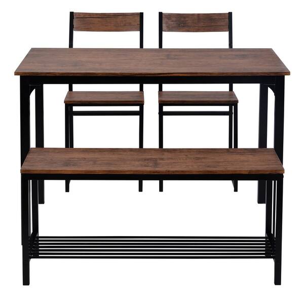 Qualfurn 4-Piece Brown Wood Top Dining Set with 2-Chairs and Bench