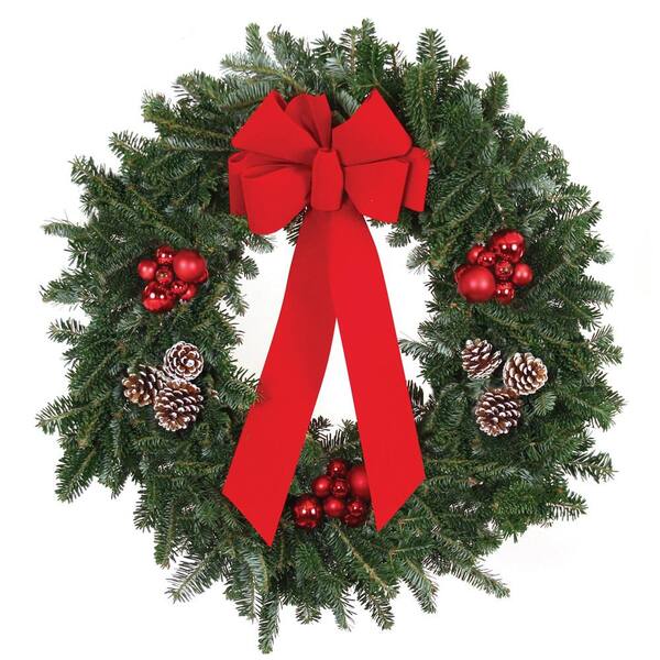 22 in. Live Fraser Fir Christmas Wreath with Red Bow Red Ornaments and ...