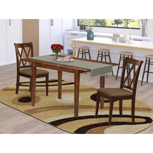 East West Furniture 3-Piece Mahogany Finish Rectangular Solid Wood Top With Butterfly Leaf Dining Table Set