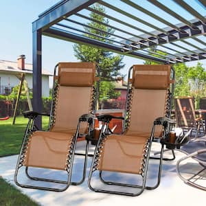 Ergonomic Foldable 2-Piece Metal Outdoor Recliner with Dual Side Tray, Height Adjustable and Removable Headrest in Brown