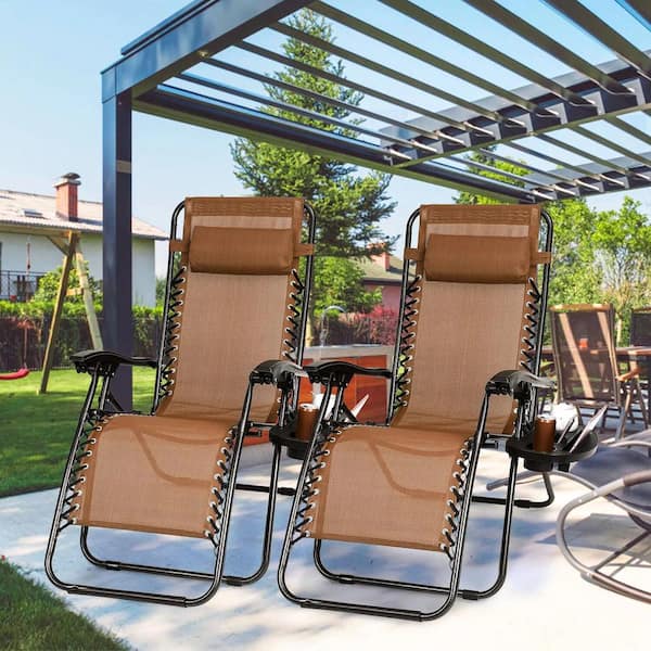 ITOPFOX Ergonomic Foldable 2-Piece Metal Outdoor Recliner with Dual Side Tray, Height Adjustable and Removable Headrest in Brown