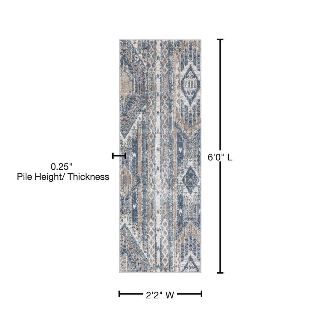 Navy Blue Geometric Indoor Runner Rug with Easy Care and Stain Resistance