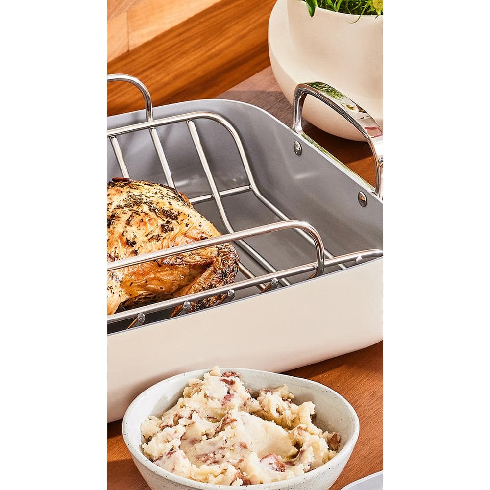 Cream 12.6" Nonstick Square Braiser with Rack and Handles