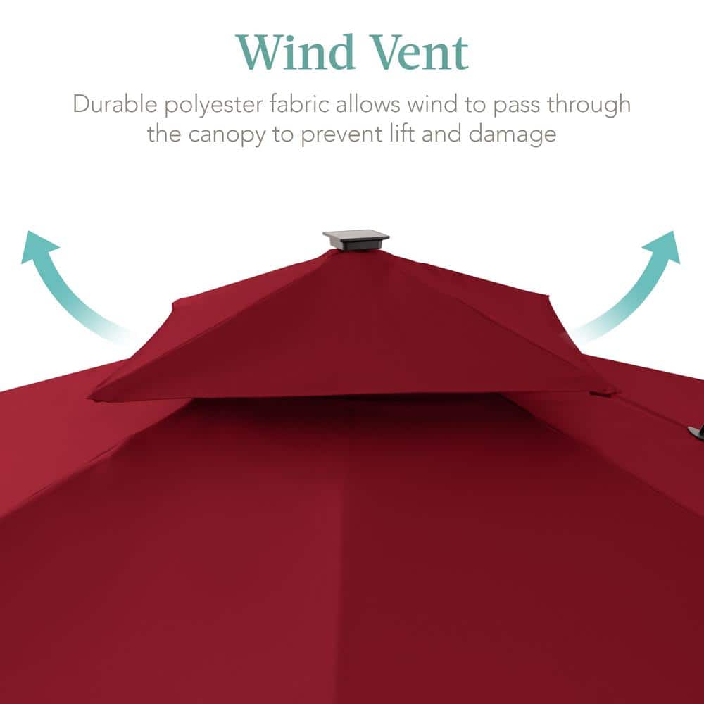 Burgundy 10x10ft 2-Tier Solar LED Cantilever Patio Umbrella with Base
