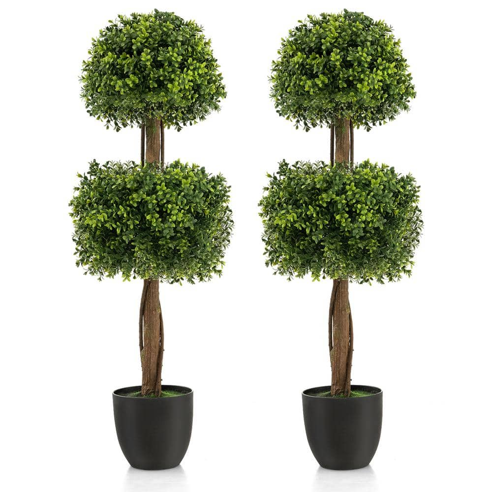 Gymax 2- Pack 40 in. Artificial Boxwood Topiary Ball Tree Faux Plant for Decoration