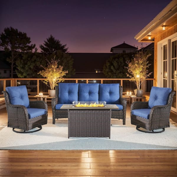 4-Piece Brown Wicker Fire Pit Conversation Set with Olefin Blue Cushions and 2 Swivel Glider Chairs and Couch