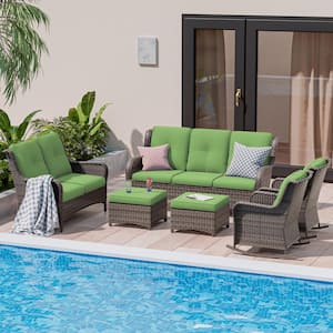 Brown 6-Piece Wicker Outdoor Patio Conversation Set with Green Cushions and Rocking Chairs