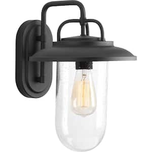 Beaufort Collection 1-Light Textured Black Clear Seeded Glass Farmhouse Outdoor Large Wall Lantern Light