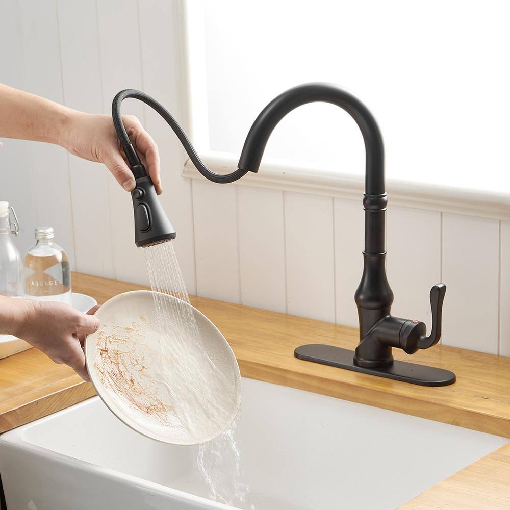 Matte Black Single-Handle Pull-Down Kitchen Faucet with Deck Plate