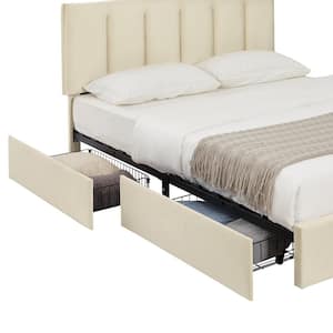 Upholstered Bed Frame, Full Bed with 4 Storage Drawers and Adjustable Headboard Platform Bed Frame Beige