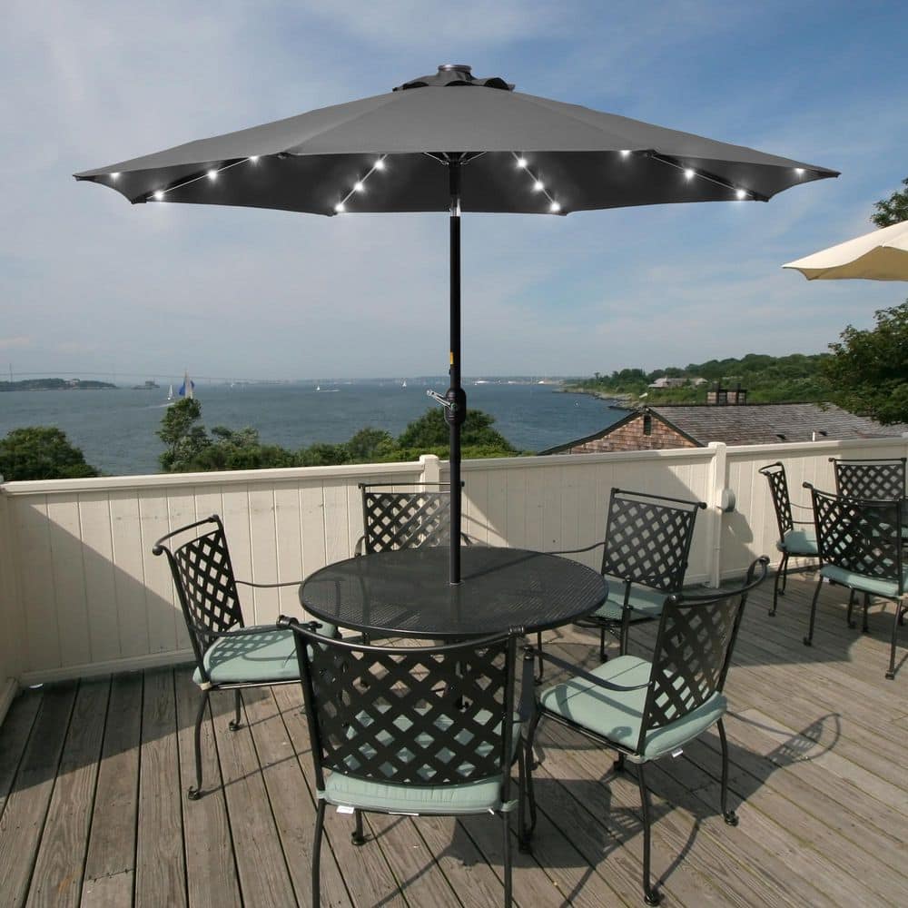 Solar Lighted LED 9 ft. Aluminum Patio Market Circle Outdoor Umbrellas with Push Button Tilt and Crank Lift in Black price history on PriceWatchPro