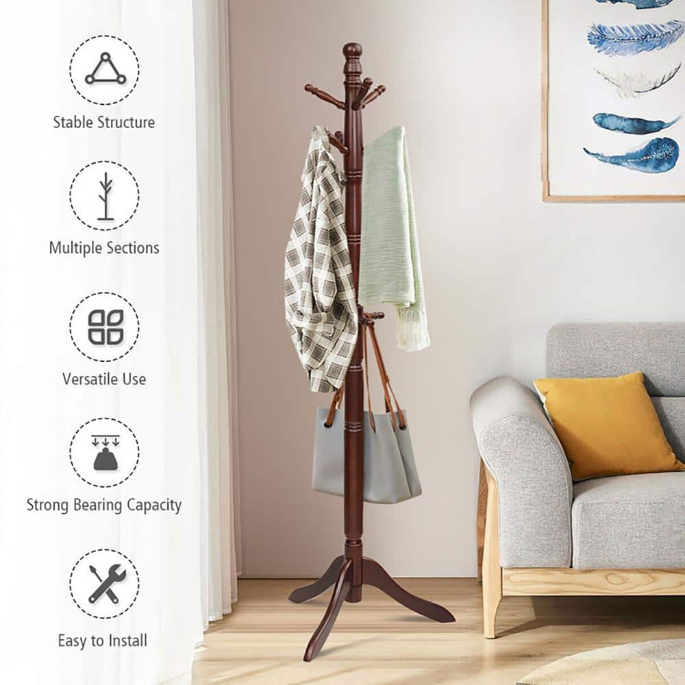 Walnut Adjustable Height Freestanding Coat Rack with 9 Hooks